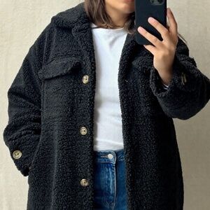 Missguided Teddy Shacket Womens Size 12 Black Full Button Cozy Cabincore